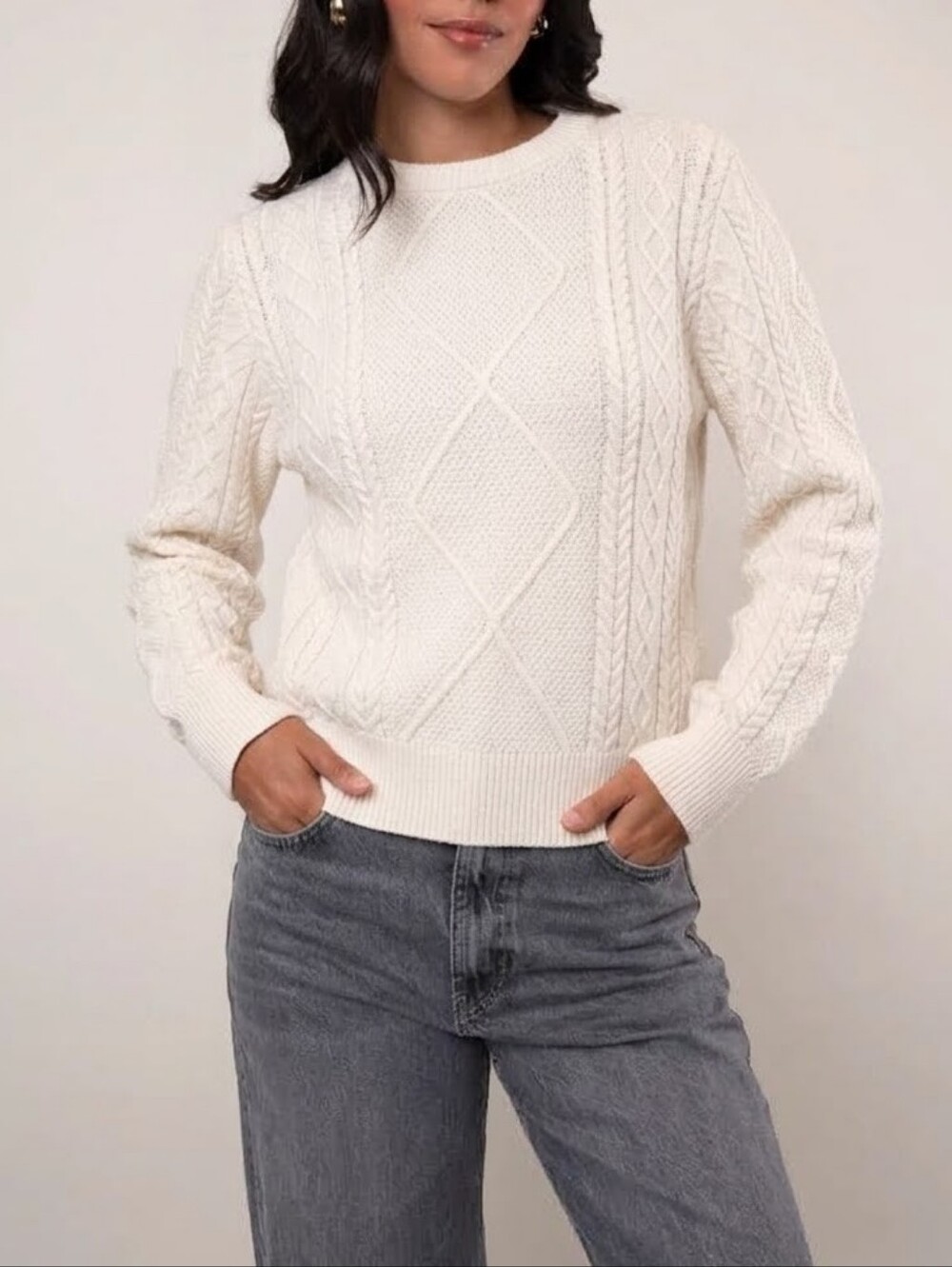 Cyrus Cream Cable Knit Diamond Crewneck Pullover Sweater Large